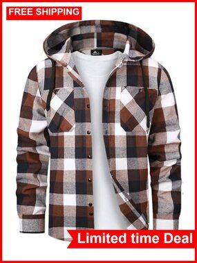 Men's Flannel Hoodie Shirt Lightweight Button Down Long Sleeve